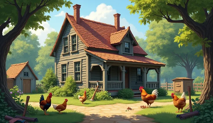 An older house from the outside, there are a few chickens running around and you can see that someone has been working outside