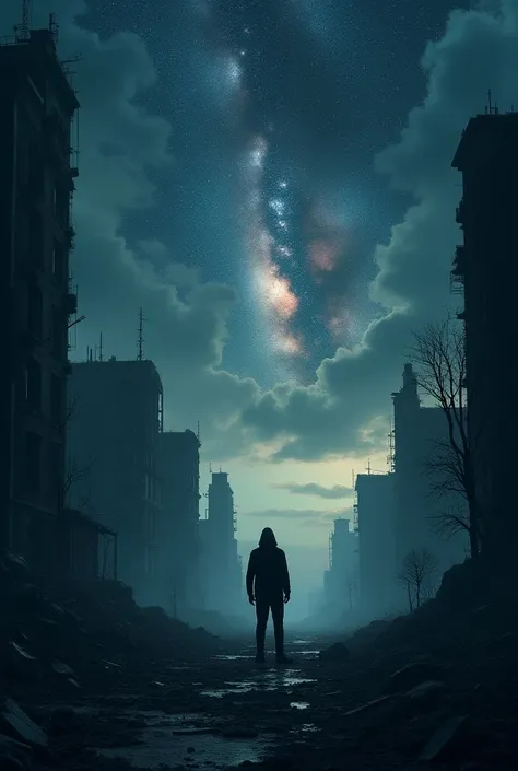 book cover theme: technological dystopia ,  the world as man knows it is over , There is no more human technology on Earth for 150 years, A dark spectator some trees in the middle of a wrecked city, Night sky with the Milky Way in the background