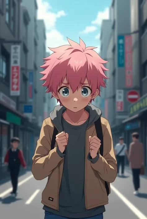 18-year-old anime boy with pink hair and beige eyes looking around scared. on the street