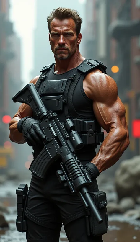  Arnold Schwarzenegger confidently standing in a heroic pose as Kyle Reese,  holding futuristic weapons ":  Arnold wearing futuristic military clothing , wielding advanced weapons ,  ready for battle ,  instead of his iconic robotic image 