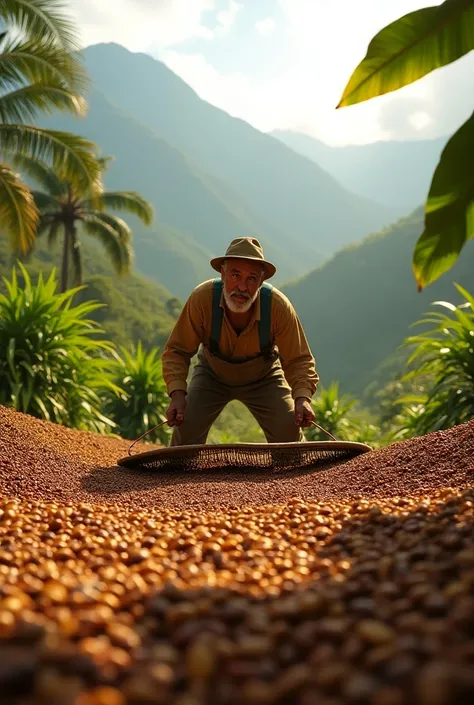 a worker drying an unpulped Colombian coffee in a coffee plantation