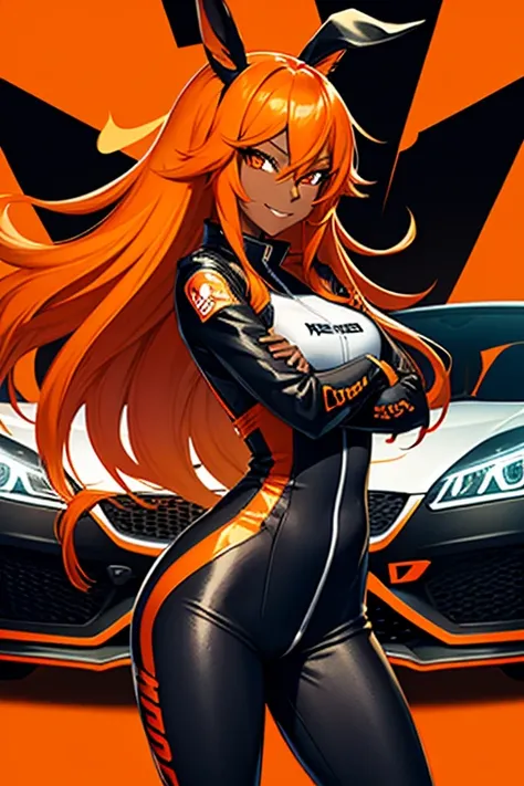 an anime-style woman , black skin,  loose long orange hair and shiny locks ,  orange and black racing clothes ,  racing clothes with checkered flag details ,  orange rabbit ears , orange eyes, discreet smiley look .  the background being a racetrack of day...