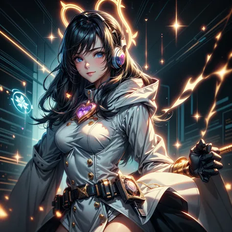  1 girl,Handsome face、Baby Face、 face close-up 、Dynamic and perfectly composed、Golden Ratio、Handsome face、The best smile、masterpiece、 best quality、Anime Magical Girl、 Cyberpunk、Cute heart shaped magic wand、Hooded cloak、 Wear a Headset 、アイドルの服なのに Cyberpunk、...