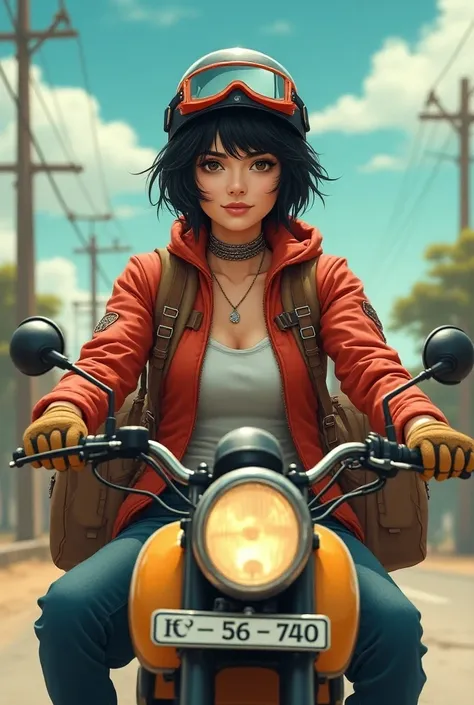  A beautiful and cute woman with a smile, Disheveled Black Hair Shortcut  , helmet、goggles、gloves、jeans、boots、 Riding a moped with luggage  .。、 High Resolution ,smile, far and near method, masterpiece, Accurate,  best quality,  american style poster, Pop A...