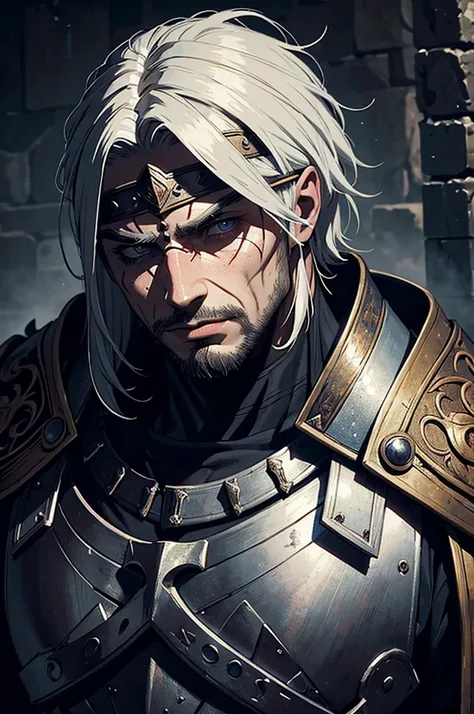 a medieval blind and charismatic human man, warrior, detailed facial features, dramatic lighting, masterpiece, extremely detailed, using blindfold, using armor