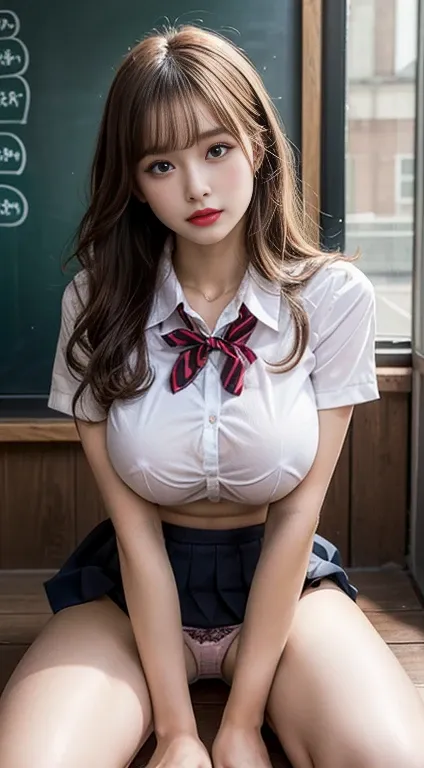  1 girl, beautiful,  wonderful face and eyes, compensate, Red gloss lip, (極めて精細なbeautiful顔), ( SEXIEST LOOKS), (beautiful big breasts:1.6), (  school uniform,  pleated miniskirt:1.2), ( best quality:1.4), (Super detailed), ( Extremely Detailed CG Integrate...