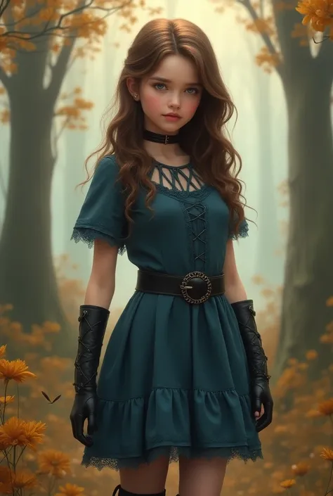 Brown-haired teenage girl wearing a small blue dress with black gloves, a belt and black boots 