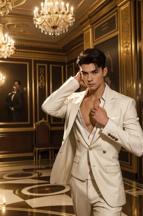 The Elegant Ballroom Dancer: Hyper realistic image of a tall, lean, and muscular 20-year-old ballroom dancer stands in the center of an opulent dance hall, surrounded by golden chandeliers and marble floors. His smooth white skin glows under the soft, ambi...