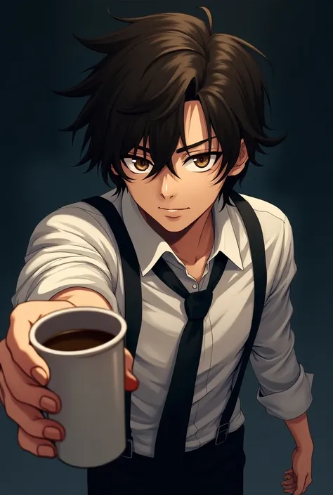 Of an 18-year-old male character in the middle school 
Big haired manga style reaching over dark brown shoulder 

 light brown lower left eye sign white dress with black suspenders holding an empty cup
