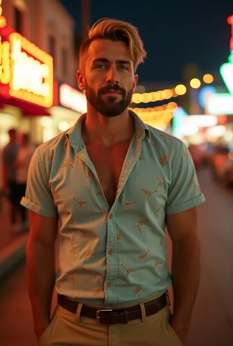 American man,  green eyes with short blonde brown hair, side hairstyle, cuerpo completo, calm and penetrating gaze, sonrisa grande, The suns rays are reflected to the right, stopped,  looking at the camera , light beard, casual dress,  light printed button...