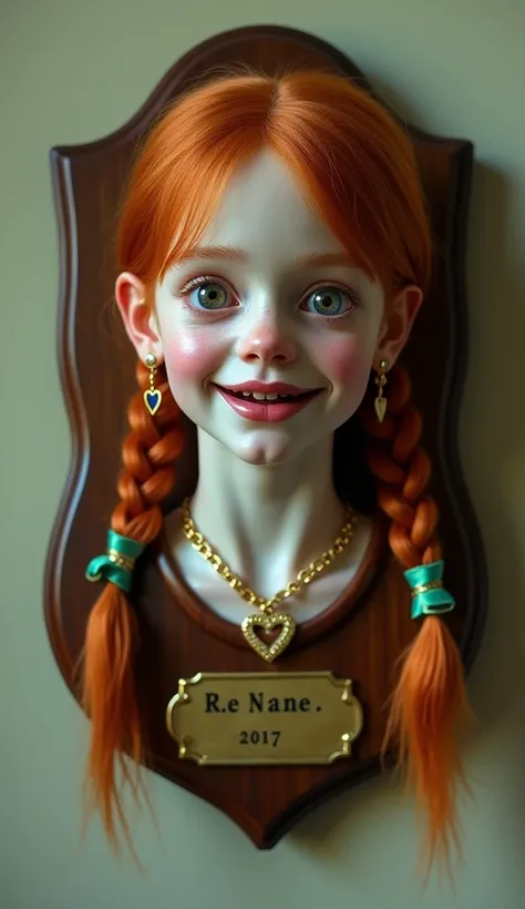 Beautiful Little ginger eight year old girl with an overbite, with long dangling pigtails in braids tied in green ribbons, wearing a golden necklace with heart shaped locket and golden heart shaped drop earrings-staring straight ahead through sightless gla...