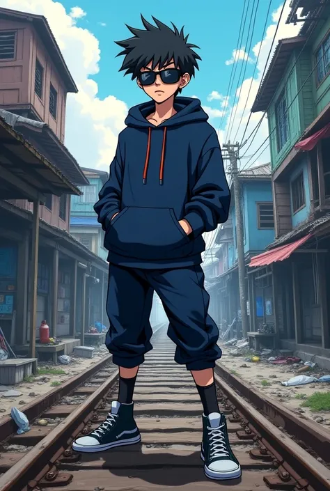 Isagi of Blue Lcok, cartoon anime character wearing hoddie and sun glasses. Background environment is a slump near railroads in the Philippines 