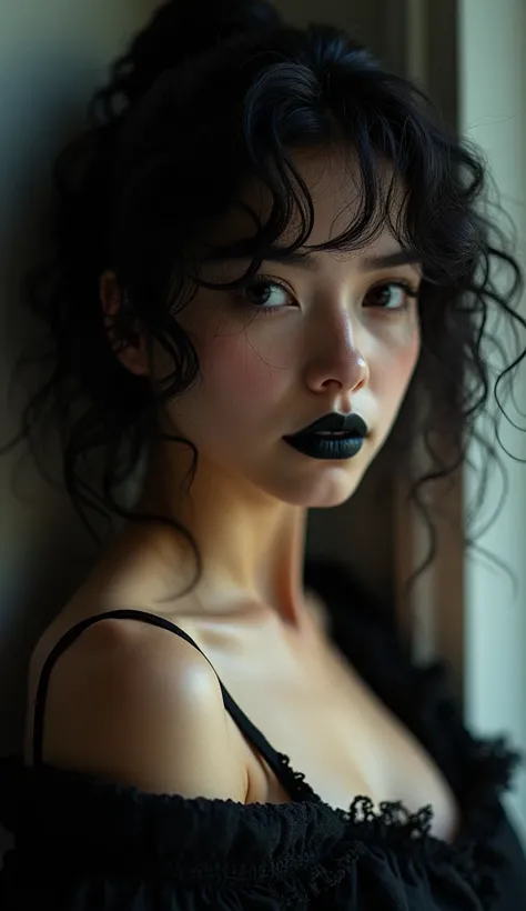 ((( curly woman with a black lip and naked))), Ilya Kuvshinov. , casey weldon, soft portrait 8k, ((( very very very small bust )))  , (((Long black hair tied behind ))), (((black eyes))),  detailed cinematographic photograph ,  cinematographic photo of a b...