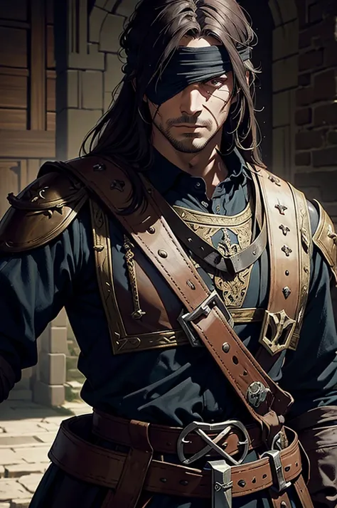 a medieval blind and charismatic human man, warrior, detailed facial features, dramatic lighting, masterpiece, extremely detailed, using blindfold, using chestplate, in castle