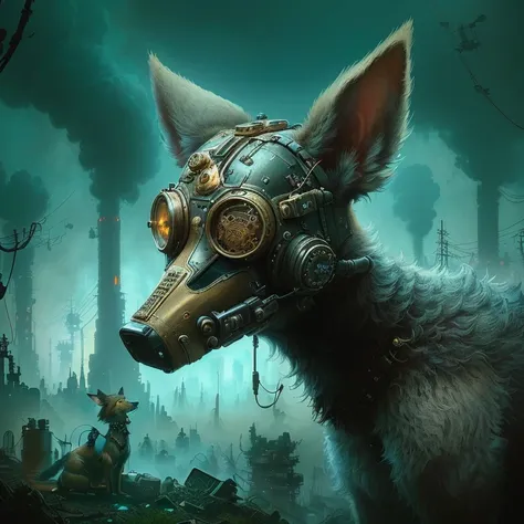  There is a picture of a dog with a gas mask on,  an anthropomorphic cyberpunk fox ,  steampunk dog ,  Surreal hybrid animals , art steampunk digital, by Brian Despain, Beksinski, Alexander Jansson style, digital steampunk art, Dark cyberpunk fantasy art, ...