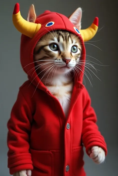 cute kitten in red bull costume、Put on a cap