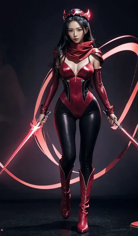 Accurate 、Full Body Photo 、Standing in her FULL HEIGHT from head to toe 、Studio background 、 Karina from Aespa、Long black hair 、 Wearing a super tight RUBY coloured zero suit 、Ruby zero boots 、Holding a double dagger with an electric effect、Ruby helmet 、Ru...