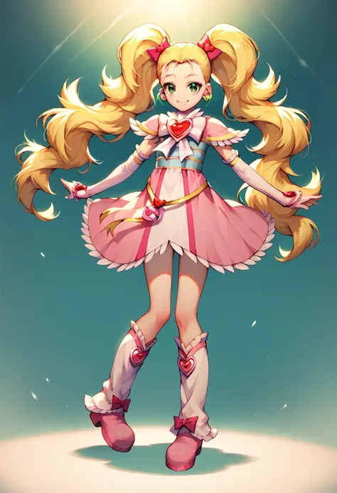 score_9, score_8_up, score_7_up, flat chested, shinyluminous, 1girl, solo, long hair, blonde hair, magical girl, heart brooch, twintails, green eyes, boots, heart, jewelry, brooch, dress, smile, arm warmers, knee boots, ribbon, leg warmers