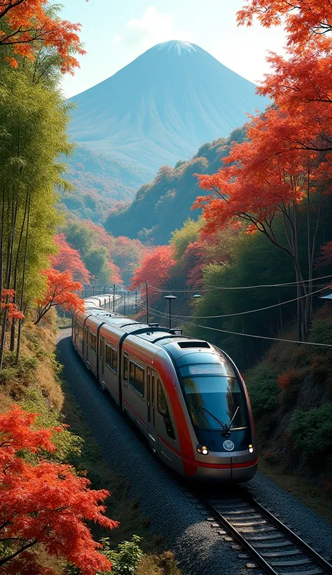 " Kyotos wide-angle view of Mount Sagayama in autumn ,  showing the contrast between the green bamboo groves and the bright red and orange autumn leaves. The scenic train is passing through the scenic area ,  blending into the surrounding natural beauty ."