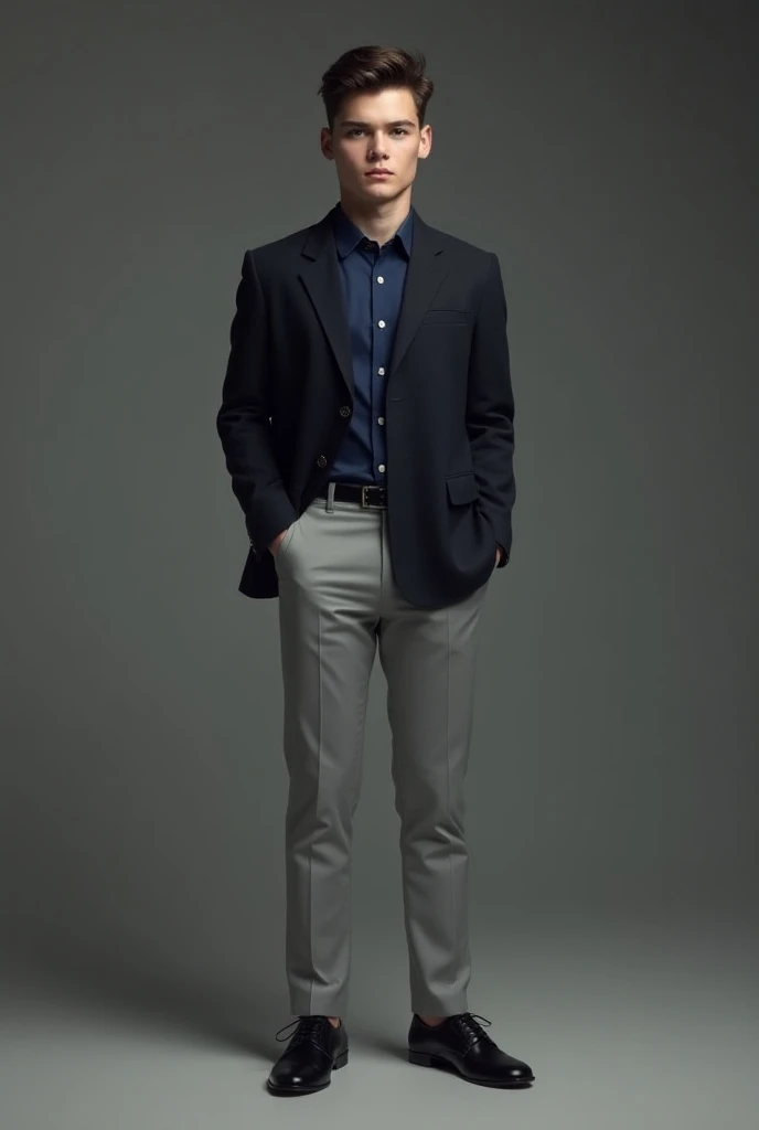 Young man dressed in elegant light gray pants and navy blue shirt 