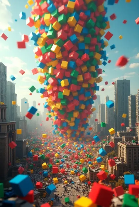 Toy blocks falling from the sky and destroying the city on the carpet.