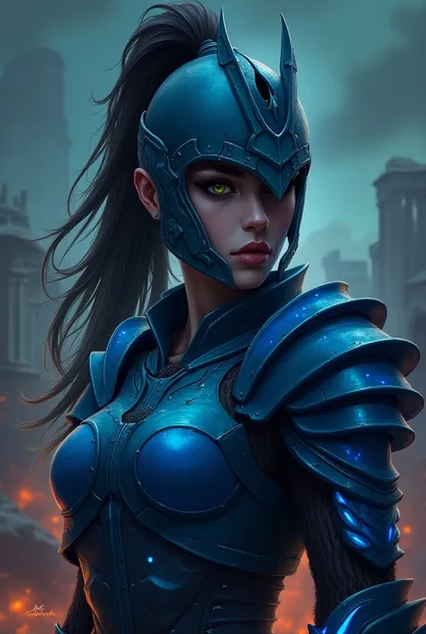 A fierce female warrior depicted in a vibrant 2D illustration, wearing a detailed helmet with a sharp, pointed crest. The helmet is open at the front, revealing her fierce gaze and a determined yet dark expression that conveys intensity and strength. Above...