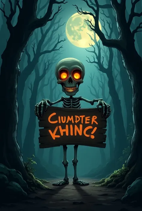 The drawing of a happy skull, holding a large sign,  in a dark forest.
