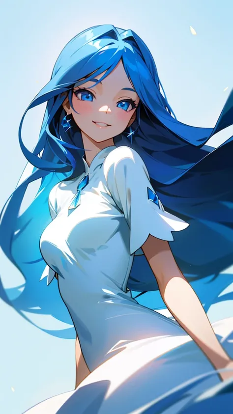  1 girl、 cute girl 、Blue Long Hair、Sparkling Blue Eyes、smile、 sexy body 、 upper body close-up 、White Dress、 beautiful dress in every detail、Medium breast、 fantasy、Light blue background