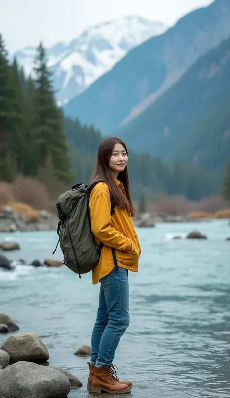 A young Korean woman, beautiful, clean face, long straight light brown hair, is climbing a mountain, she is wearing a yellow flannel shirt, denim pants, boots, carrying a backpack, is standing on the bank of a clear flowing river, with mountains in the bac...