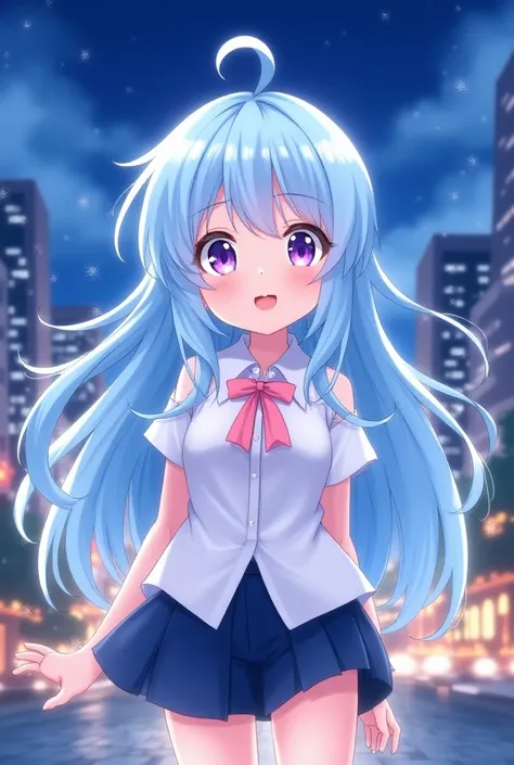 A young anime-style girl ,  with long, smooth light blue hair that falls down to her back.  She has big, bright violet eyes ,  with a cheerful and kind expression .  She wears a white blouse with a pink ribbon and a short navy blue skirt . Her skin is clea...