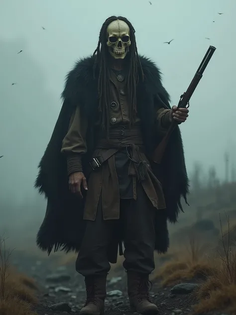 a male shaman with a skull mask covering his eyes and nose, long rasta-style braids cascading down his shoulders, wearing a black sheepskin coat, holding an old war rifle reminiscent of the American War of Independence, imposing figure, dark alternate vers...