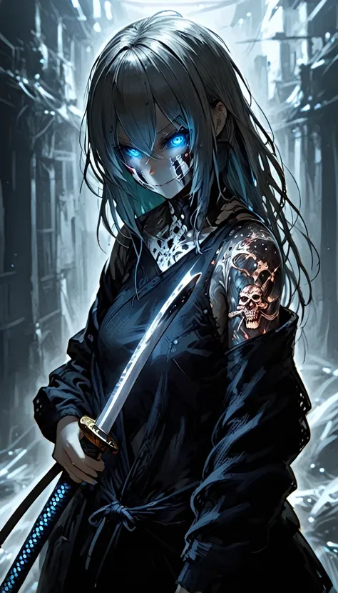 not ashley wood style，1 girl,design de personagens e doomsday，holding a katana