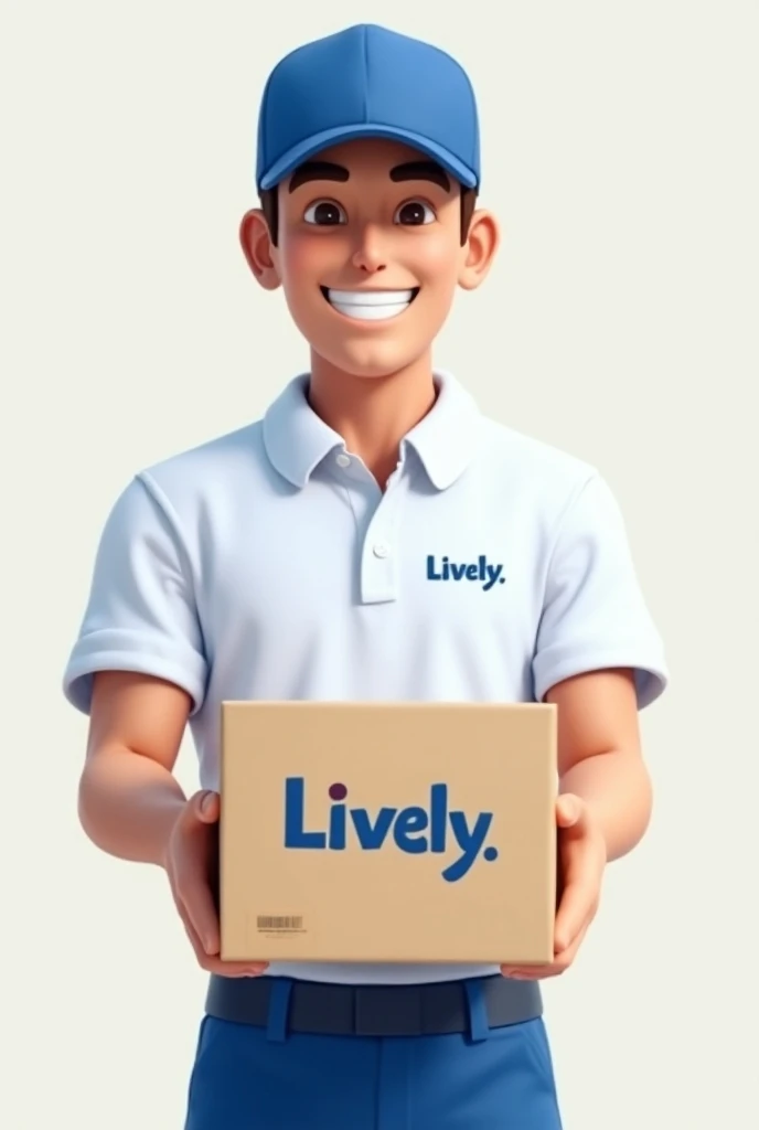  A mascot based on a Disney animation of a human delivery man .  The character is wearing a uniform composed of the colors white and blue.  He has a shirt with the brand name  "Lively" printed,  matching pants and a cap .  The character has a cheerful and ...