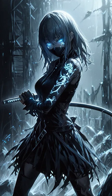 not Ashley Wood style，1 girl,Design de Personagens e Doomsday，holding a katana 