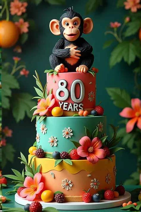 Cake with a chimpa theme that says 80 years 