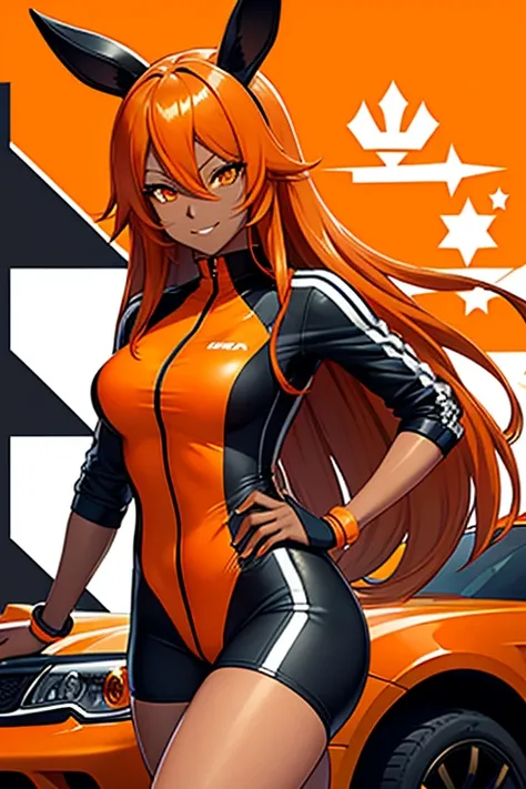 an anime-style woman , black skin,  loose long orange hair and shiny locks , orange running clothes,  racing clothes with checkered flag details ,  orange rabbit ears , orange eyes, discreet smiley look .  the background being a racetrack of daytime cars a...