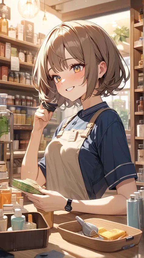 One Girl、Bright smile、Shining Eyes、Short Hair、 wearing a casual uniform 、 lively attitude 、Small breasts、 holding a sample of the product in hand、  
break、  
Bright interior、（Warm colors:1.2）、 lively atmosphere 、 products lined up on shelves 、 artistic det...