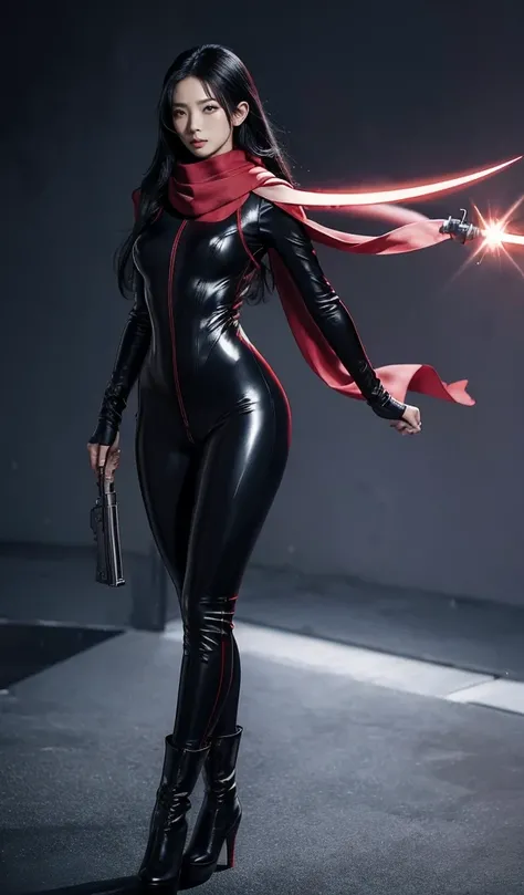 Accurate 、FULL BODY Photo 、Standing in her FULL HEIGHT from head to toe 、Studio background 、 Karina from Aespa、Long black hair 、 Wearing a super tight RUBY coloured zero suit 、Ruby zero boots 、Holding a double dagger with a gun、Ruby helmet 、Ruby red scarf.