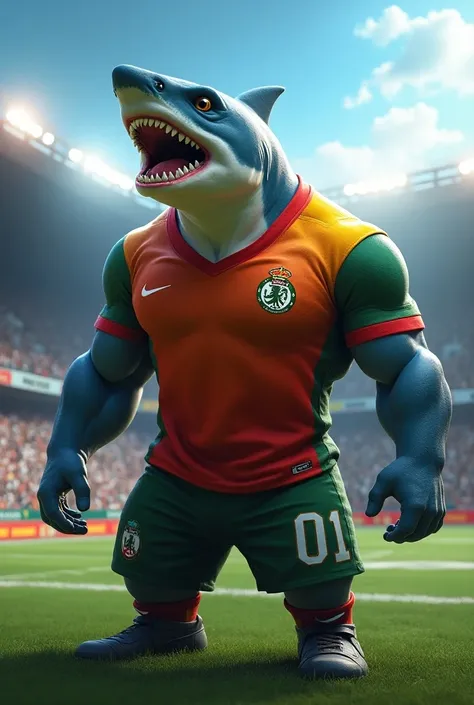 strong shark with muscles wearing a red, greem and yellow
 shirt in a football stadium
