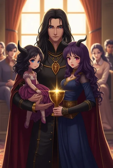 { a serious-looking male character ,  long straight hair that reaches the waist in black , Blue eyes Raf ,  Wearing medieval royal clothing ,  holding the Holy Grail in her right hand ,  is sitting while with his left arm he carries his  daughter,  while s...