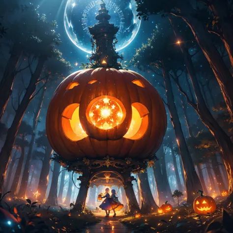 magical forest ,  it's a very elaborate and fantastic pumpkin in、 glowing mystical circles and sparkling light particles are dan...