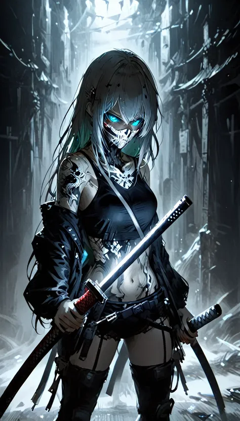 not ashley wood style，1 girl,design de personagens e doomsday，holding a katana