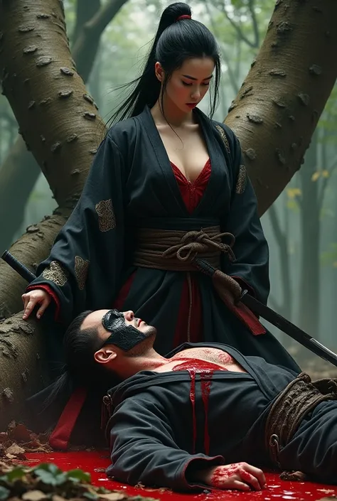 Hight quality, very beautiful woman shogun, cut throat a male, throat bloody splashed, woman shogun Japanese, male mask, male hoodie, male leaned against a tree, a tree big branch stuck into male heart