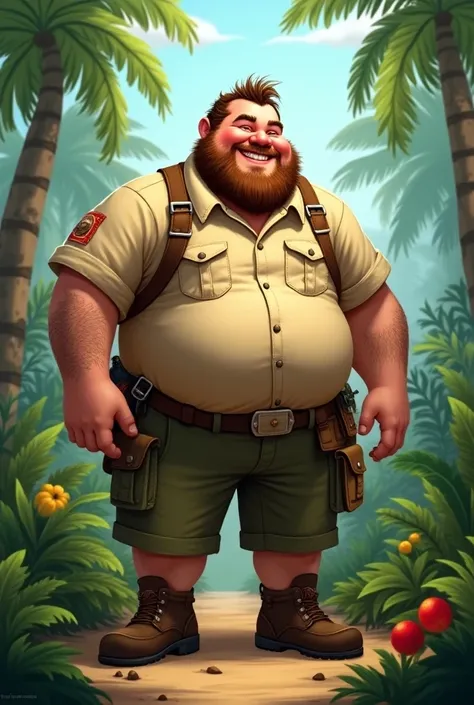 A chubby chef dressed in jungle clothing 