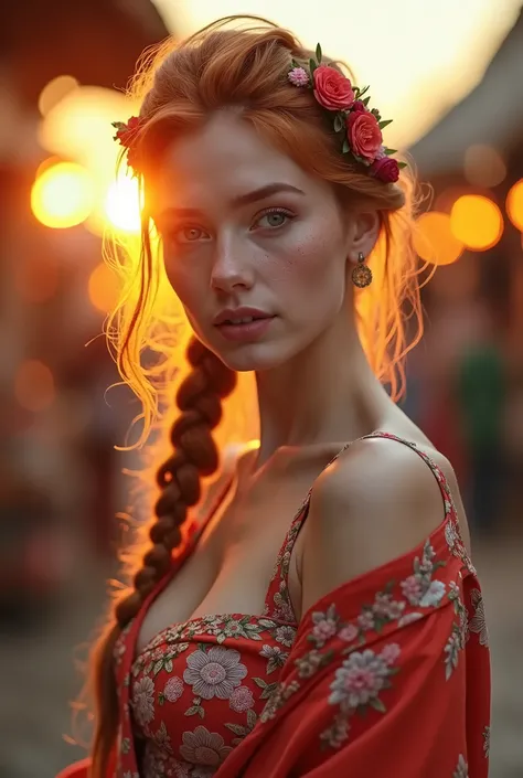 Masterpiece, woman with freckles and Waterfall braid hair with flower headband (full body:1.2), pale skin, light redhead hair, wearing revealing Embroidered kimono robe in a Bazaar (sunset) by Laura Makabresku, exposed breasts, cinematic lighting,(cinemati...