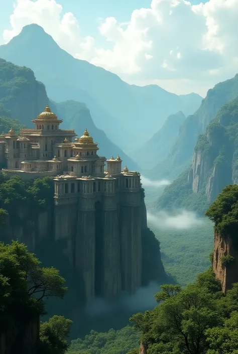 In cinematic image for 3d style "Background: A dramatic landscape of the Mahishmati kingdom, showcasing grand palaces and lush mountains "