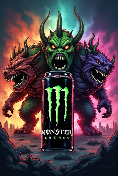  monster, energy drink brand , Monster mascot for each of the colors with the respective flavors that the drink has