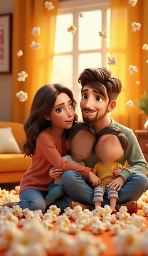 Happy family in a room full of popcorn style 3D Disney Pixar high definition cartoon, Lots of popcorn ,  masterpiece,  Better quality, realistic, ultra detalhado,