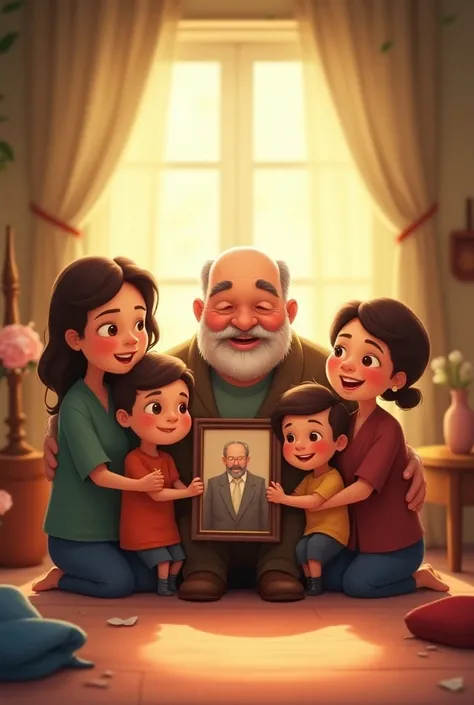 Create a family in an intimate ceremony that honors the life and legacy of a grandfather in cartoon animation 