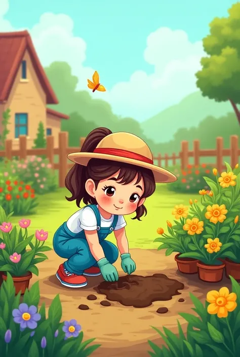 Create the image of a girl taking care of a garden in cartoon animation 